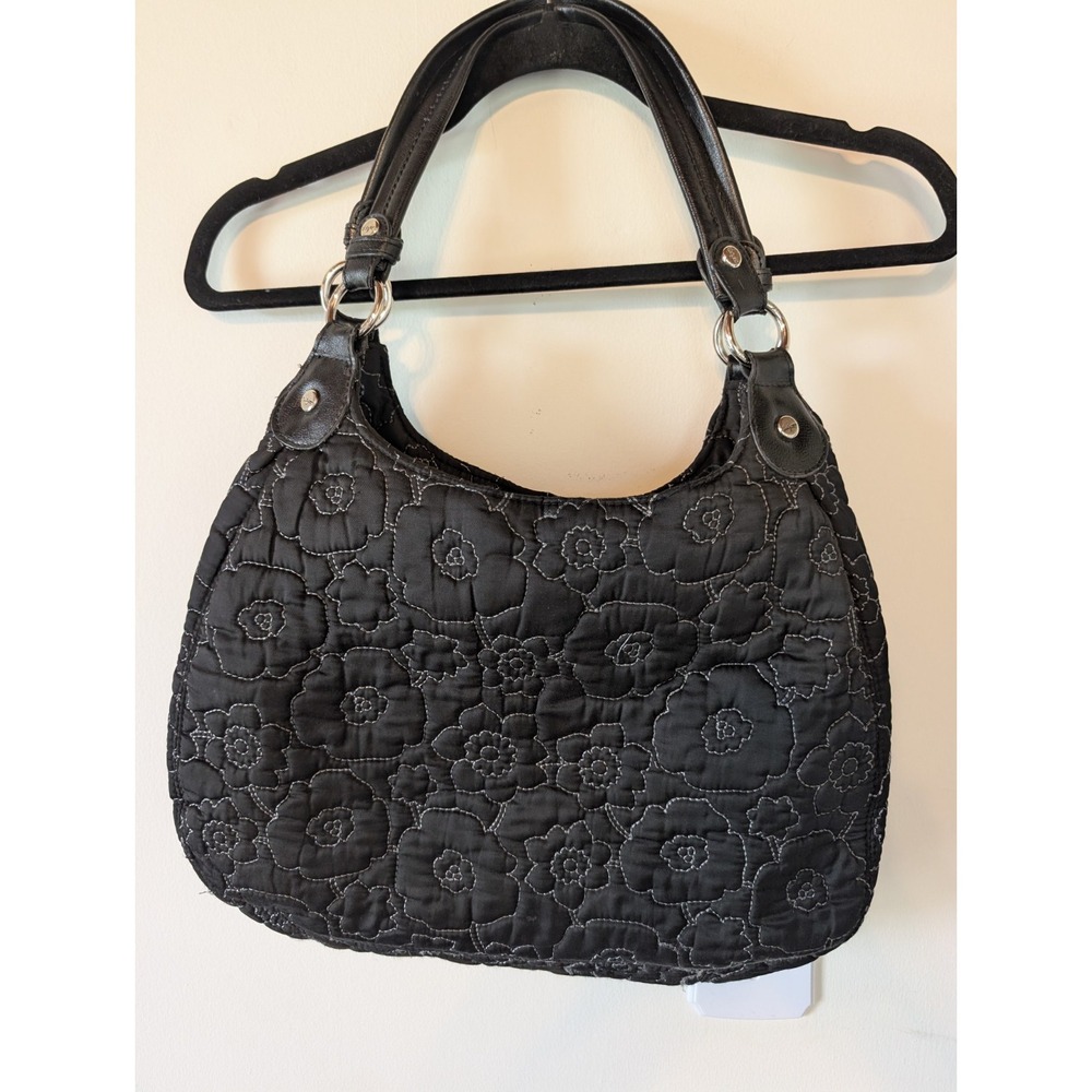 Thirty-One Quilted Hobo Bag Black Floral Shoulder Purse Striped Lining Pockets